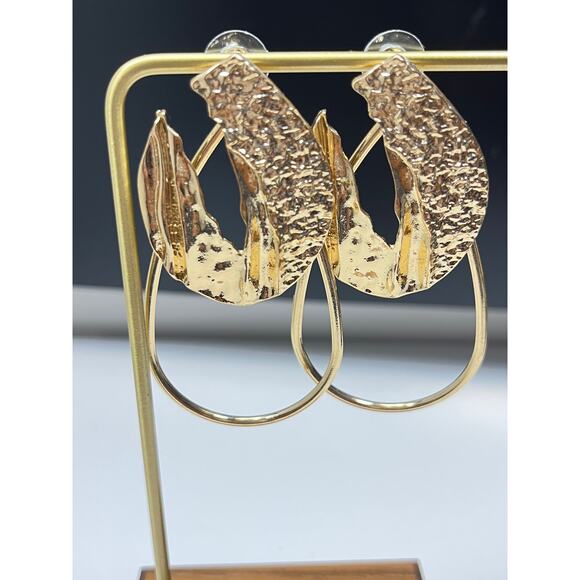 Modernist Gold Teardrop Drop Earrings Organic Open Hoop Dangle Boho Chic - Picture 1 of 5